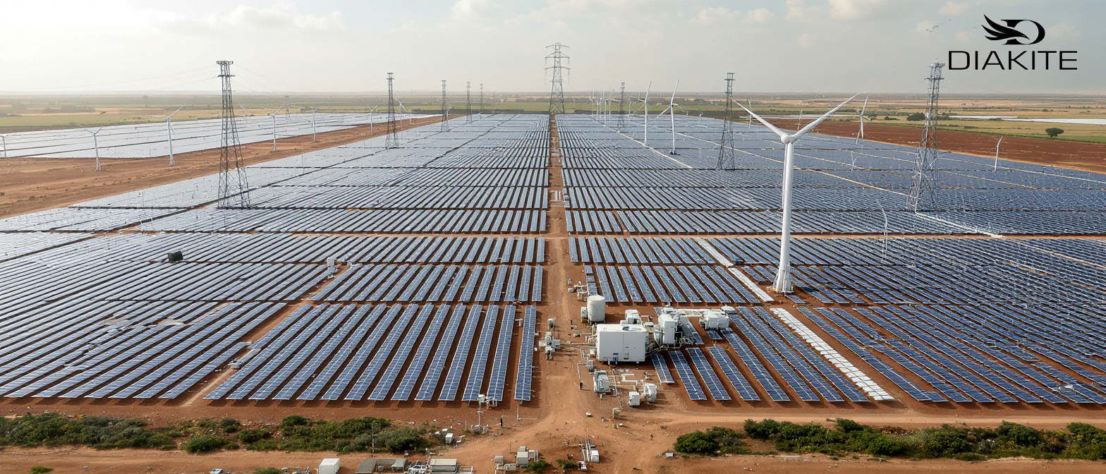 Renewable energy installation in West Africa featuring solar fields, hybrid power systems, and engineers monitoring digital equipment for clean industrial development.